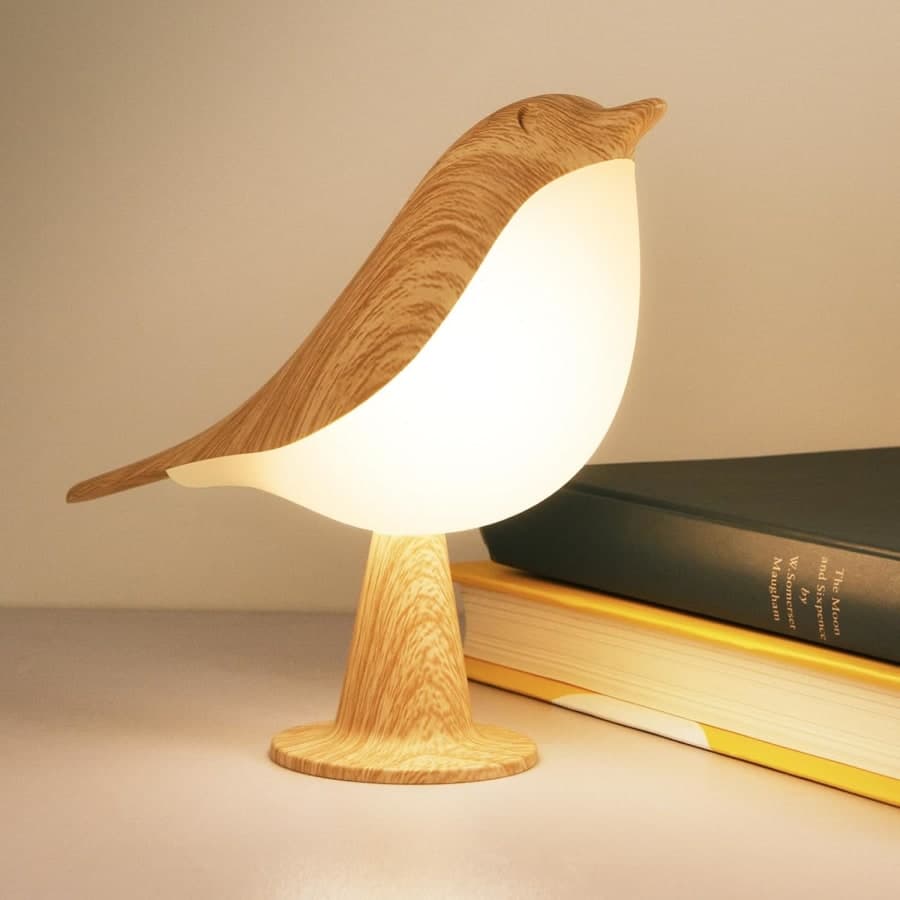 Wood bird night light with warm glowing shade for cozy bedroom or bedside table decor