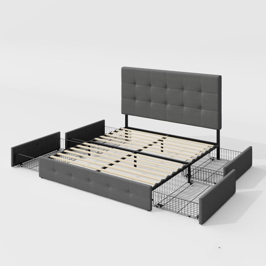 Light grey upholstered queen platform bed with tufted headboard and built-in storage drawers