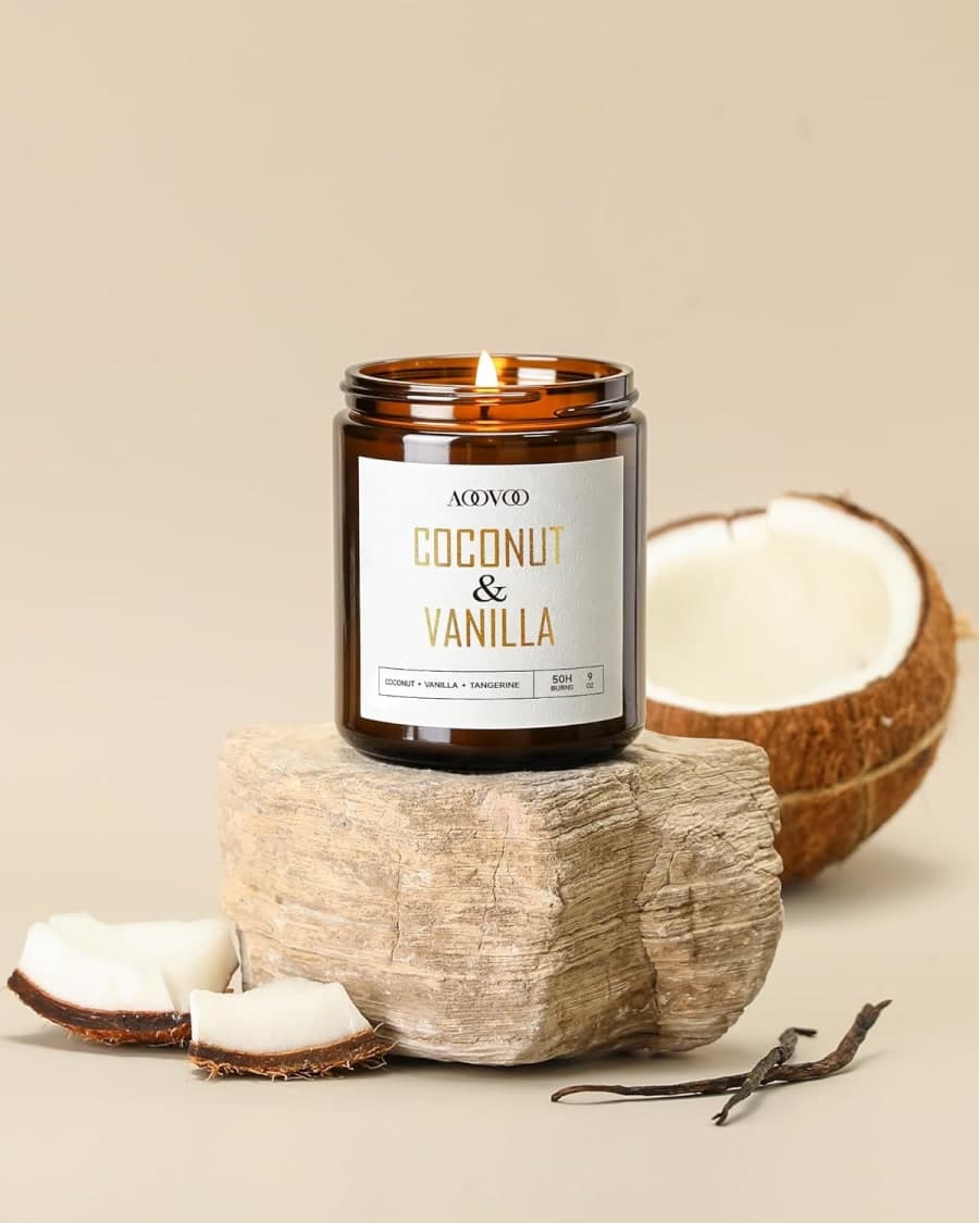 Amber jar coconut vanilla soy candle for cozy home fragrance and warm decor styling