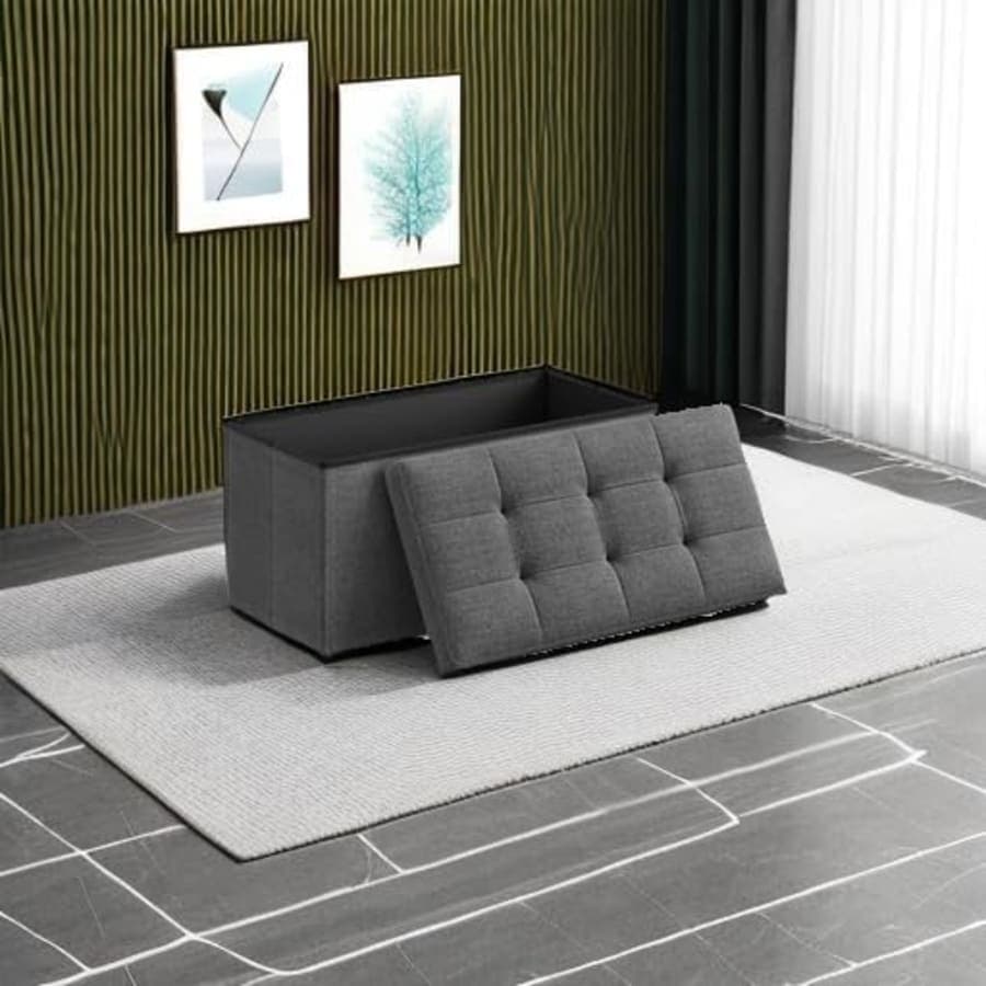 Dark gray fabric folding storage ottoman bench for bedroom, living room, or entryway organization