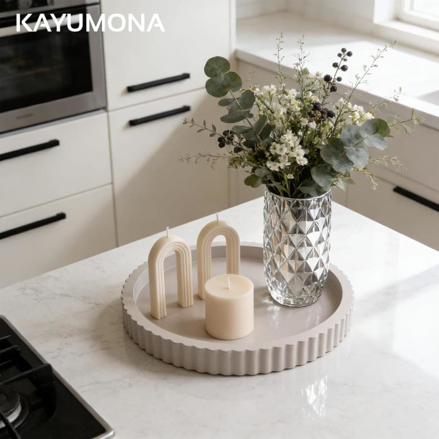 Gray beige round decorative tray for candles, perfume, vanity styling, and coffee table decor