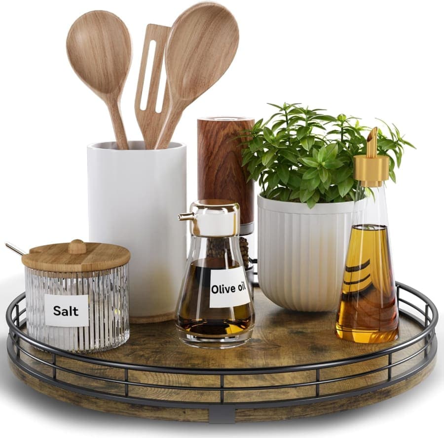 Rustic wood lazy Susan turntable organizer for spices, condiments, vanity items, and countertop storage