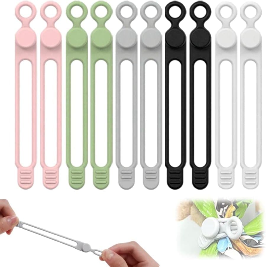 Ten reusable silicone cable ties in pink, green, gray, black, and white for organizing cords and headphones.