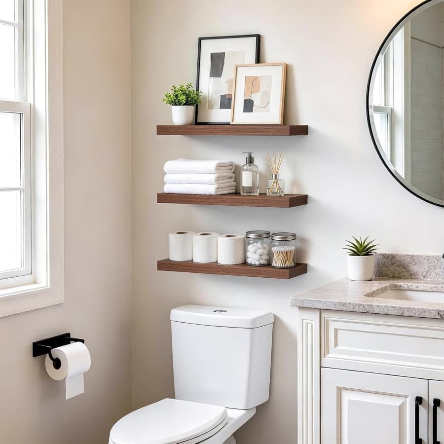 Three floating wall shelves styled above a bathroom toilet with towels, toiletries, framed art, and small plants.