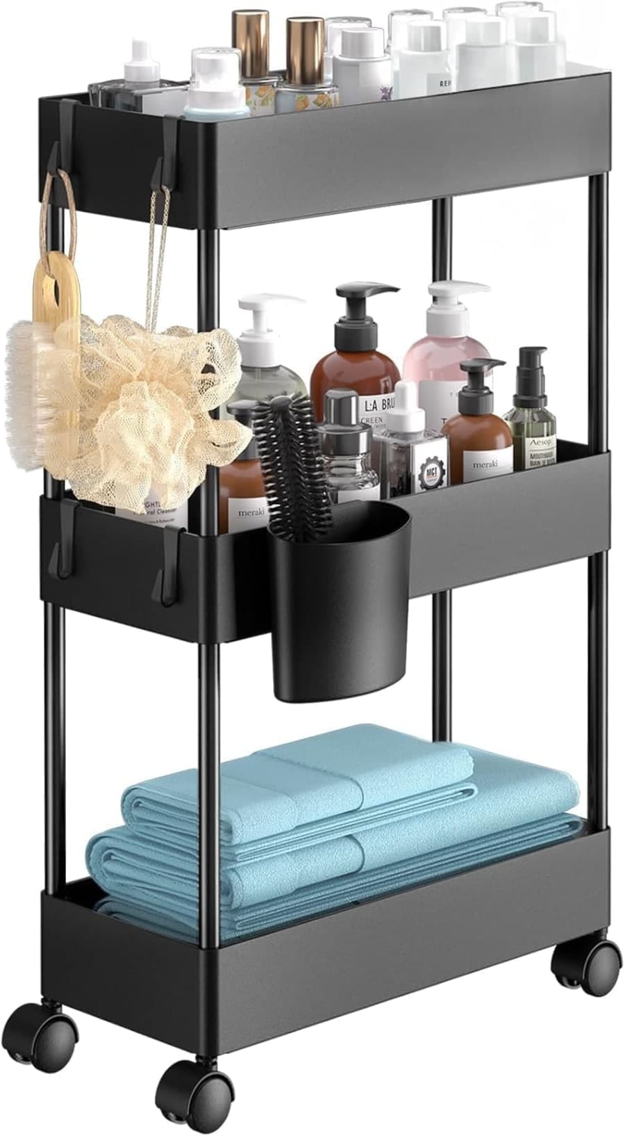 Black three-tier rolling storage cart holding bathroom supplies